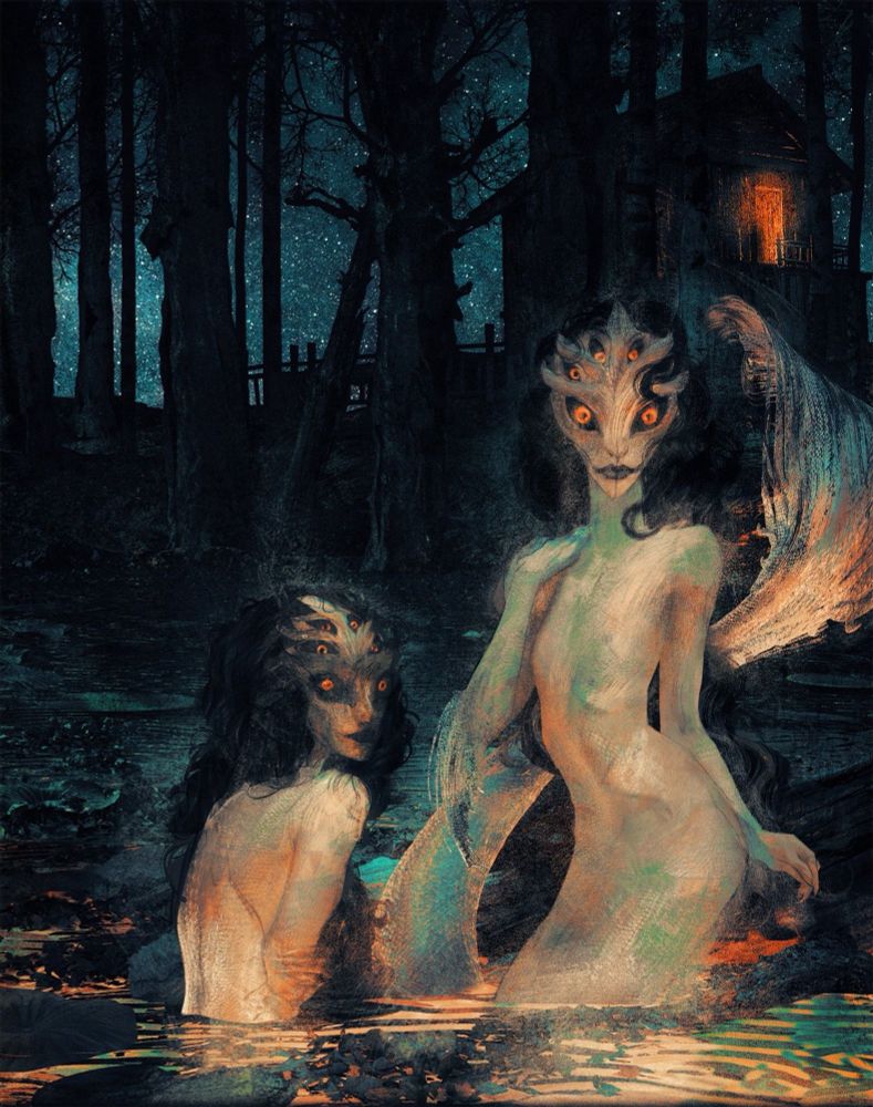 Two otherworldly sirens in a pond in a forest. Their scaled skin glows green and orange, with long black flowing locks of hair. They have six eyes each and stare at the viewer with an inscrutable gaze. One is perched on a log, her tail coming up out of the water. In the distance is a log cabin with one window lit by an orange lantern 