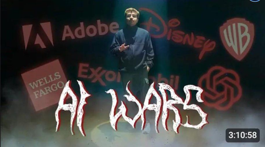 thumbnail of Alex Avila's 3 hour youtube video AI Wars, where he is theatrically surrounded by smoke and darkness and spooky corporate logos