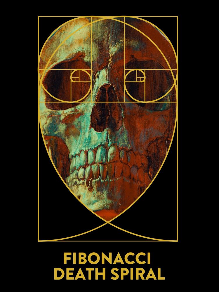 Textured painting of a skull wrapped in two fibonacci spirals that center on the eyes. Beneath the painting are the words FIBONACCI
DEATH SPIRAL