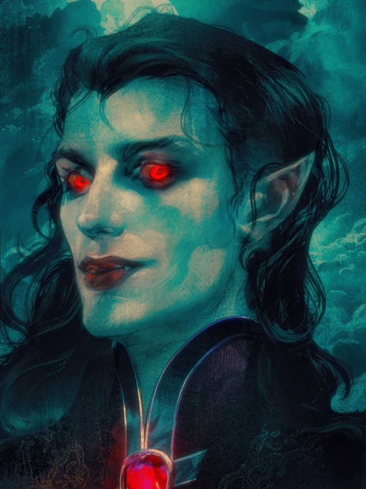 Smirking vampire with luscious red lips, pointy ears, flowing black hair, glowing red eyes and a big red glowy throat jewel. In front of a full moon and a cloudy sky. Very sexy
