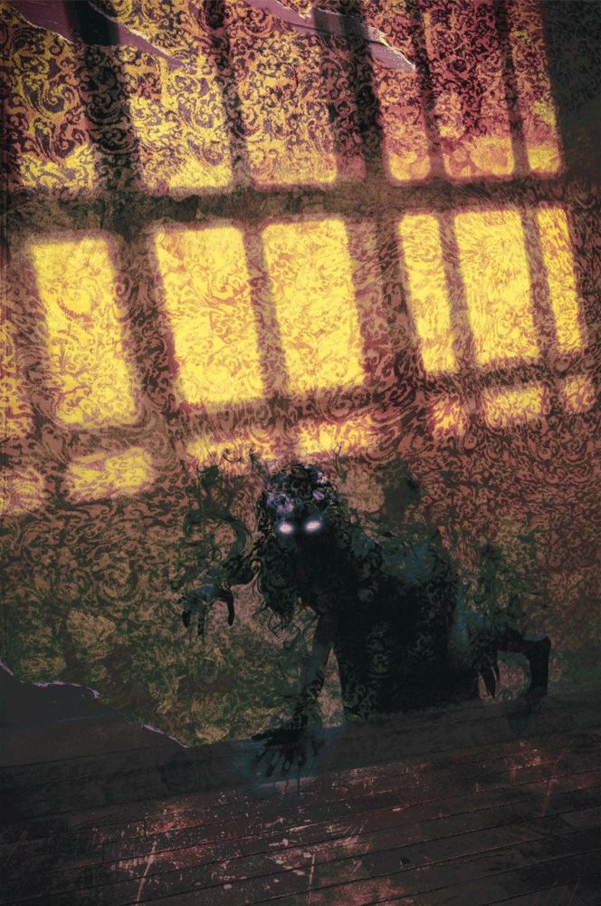 Spooky smoky shadow lady with glowing white eyes creeping around inside the shifting yellow wallpaper pattern of a dilapidated Victorian home