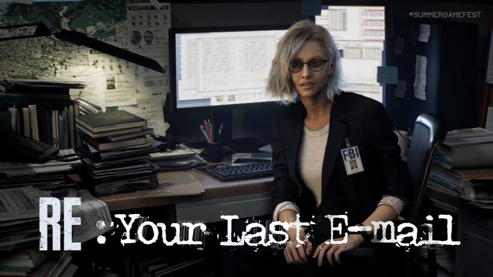 FBI Agent Ashcroft from Resident Evil: Requiem in front of her computer with the caption "RE: Your Last E-mail"