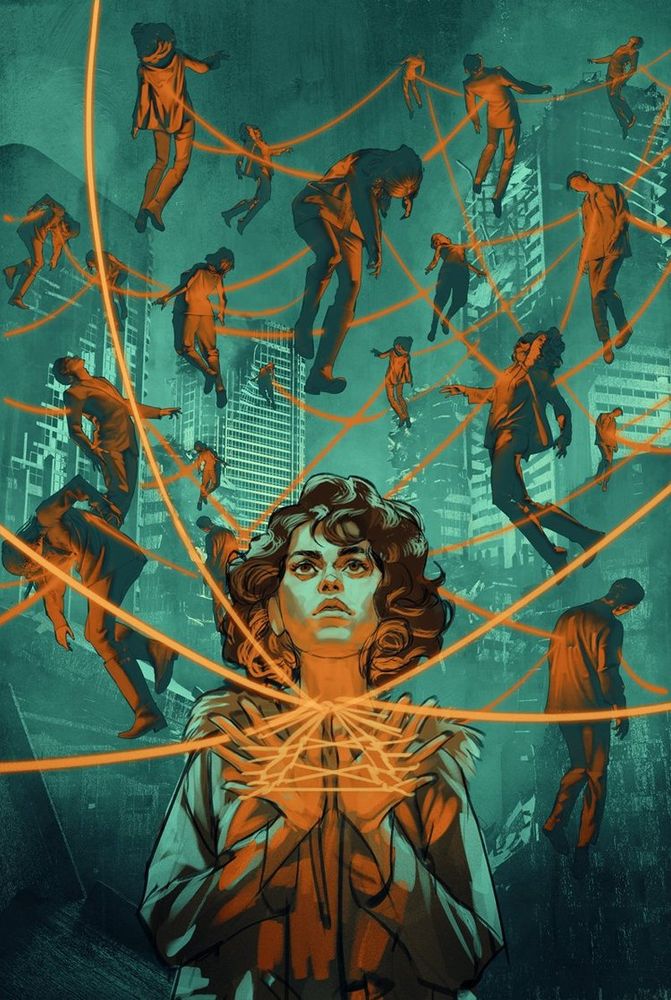 Young woman with glowing red threads intricately woven between her fingers reaching out to the hearts of several floating bodies amidst a city in ruins