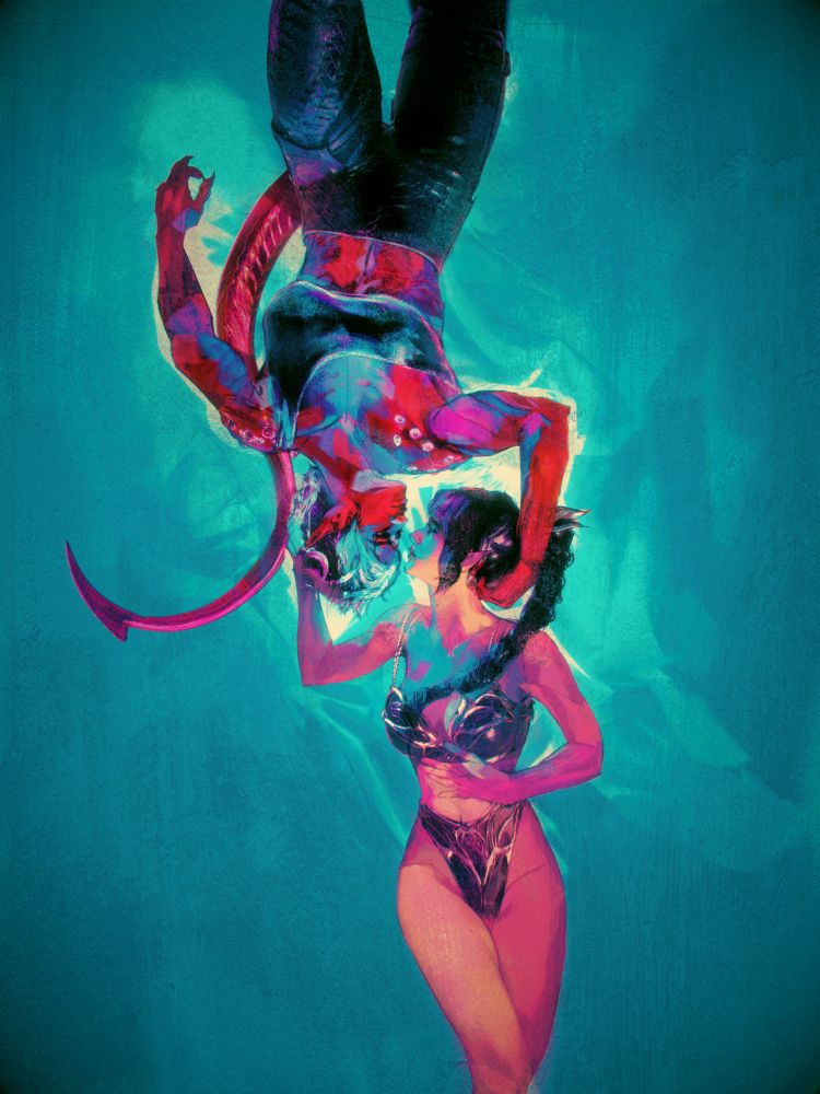 Illustration of Karlach and Shadowheart laying on a luminescent blue fabric at opposite angles with their faces nearly touching, caressing eachother's hair and gazing into each other's eyes longingly. Karlach is wearing a small leather top and leather pants, Shadowheart is wearing a purple metal bikini.
