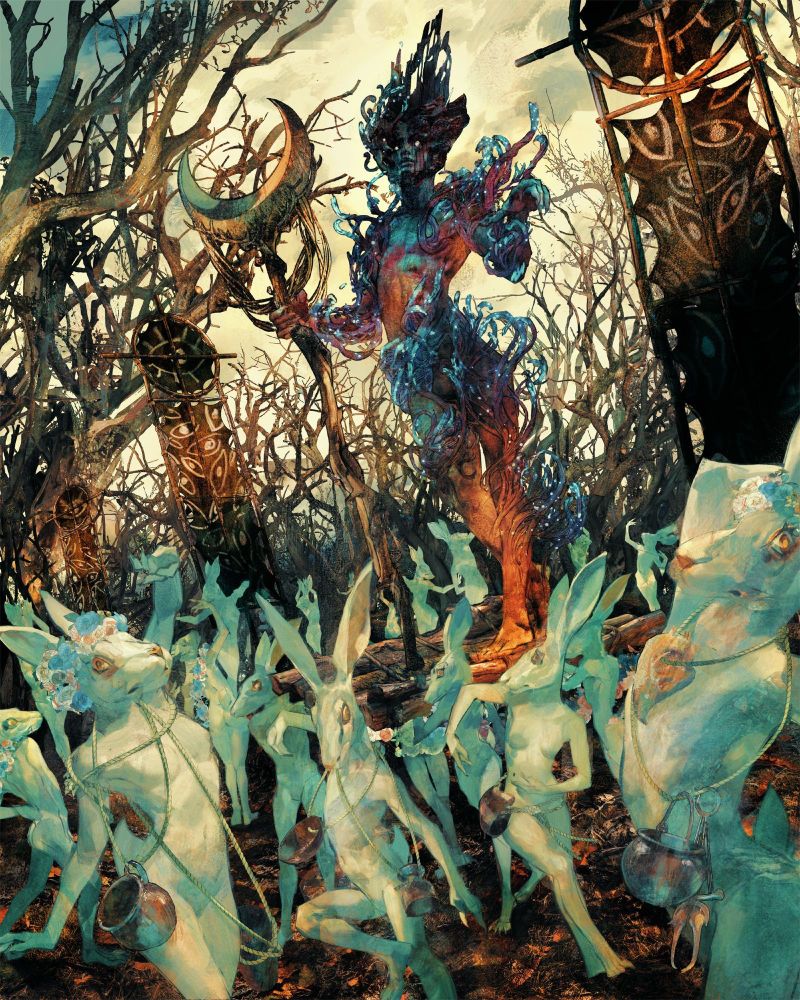 a fungal encrusted figure is carried through a spooky forest by prancing humanoid rabbit figures