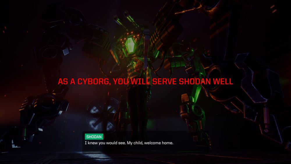 Death animation from System Shock 1 remake where a big robot spider turns your character into a cyborg with the sentence overlaid "As a Cyborg, you will serve Shodan well"