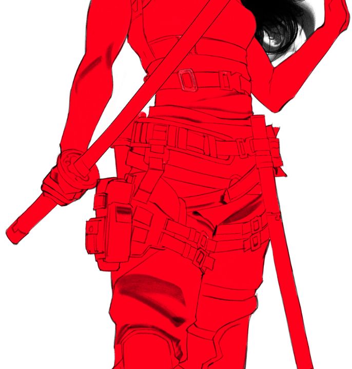 closeup of a wip drawing of a femme figure in a tanktop and pants, holding a katana, covered in a rob liefeld number of straps