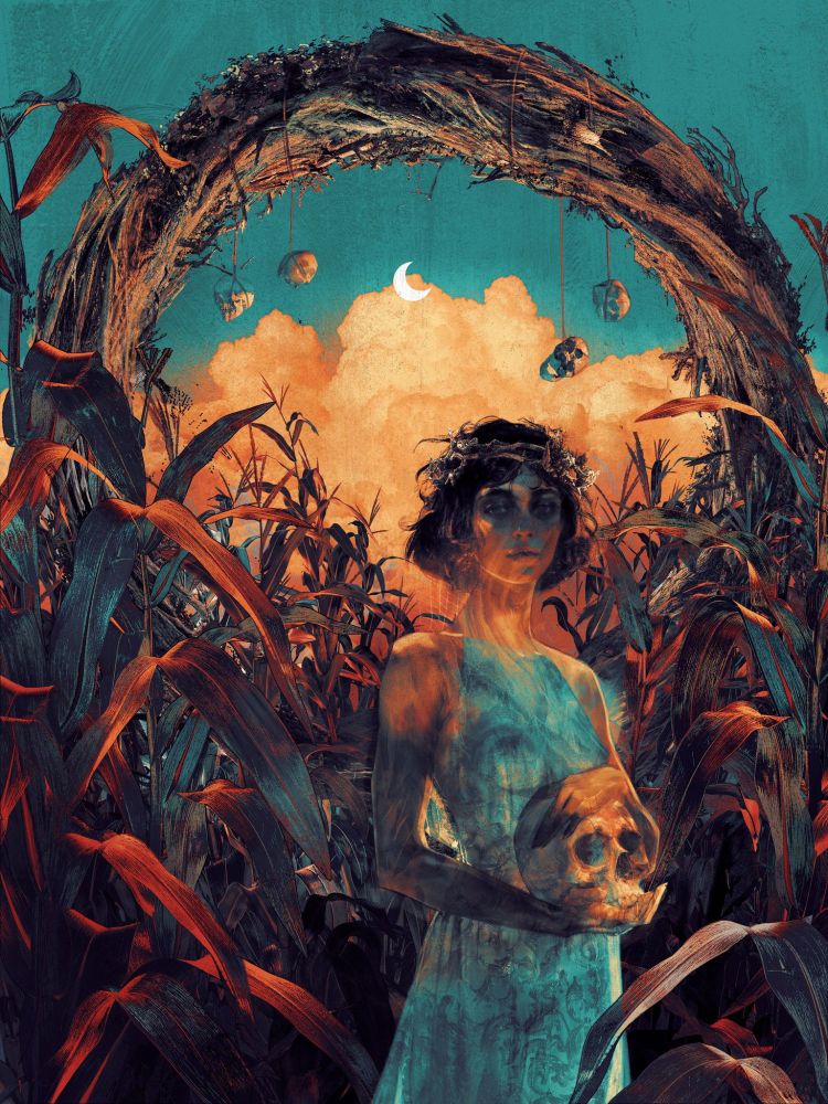 girl holding skull in cornfield, looking into the camera ominously. Moonwindow adorned with skulls and framing golden clouds and a stylized crescent moon in the sky are behind the cornfield
