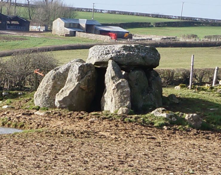 Several large stones have been placed upright, with another balanced on top of them. They are situated in farmland, with a hedge and farm buildings behind