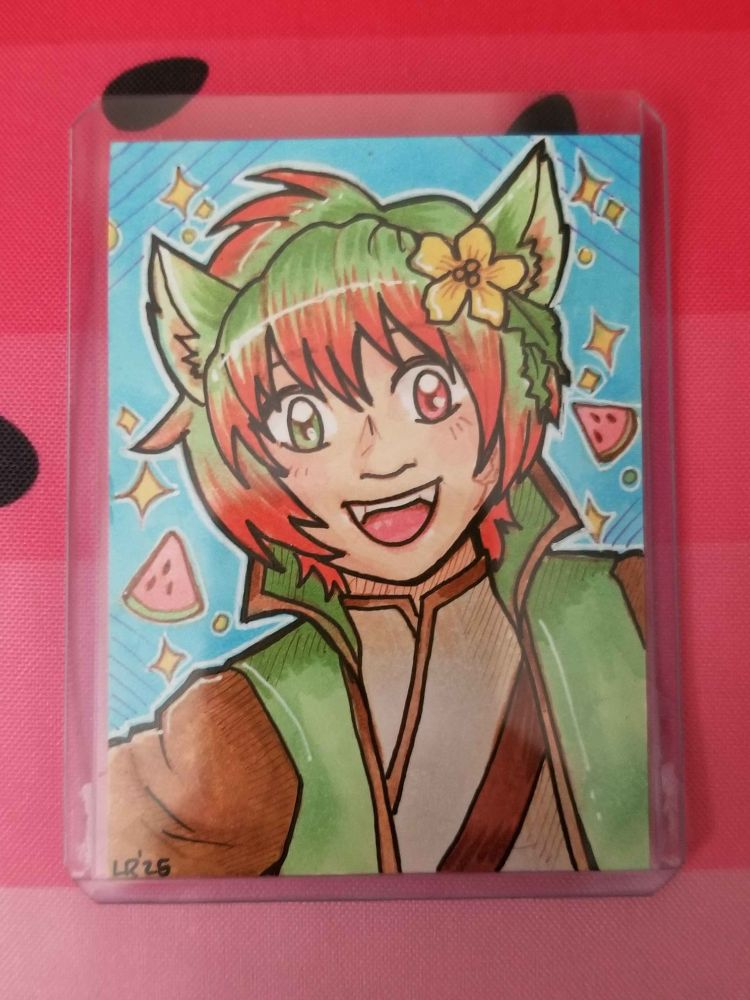 Adorably drawn card art of Mizu Nya'lon being cute, by canephoracrafts on bsky