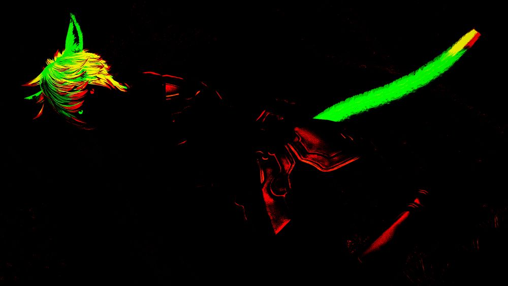 darkness with only subtle parts shining through it.
Most notable of all is Mizu's glowing hair, tail, and eyes. Piercing the dark and illuminating small parts of metallic armor.