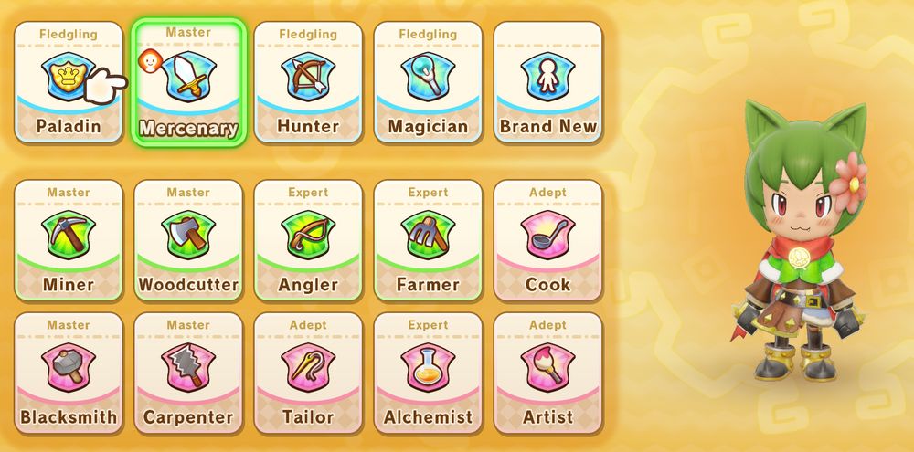 Mizu and all his life ranks, featuring Master Mercenary, Miner, Woodcutter, Blacksmith, and Carpenter