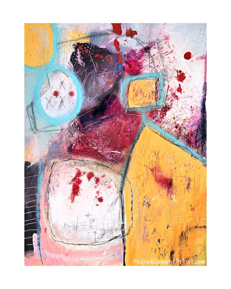 Visually busy bright mixed media abstract with scrapes, red splatters and worked into paint. 