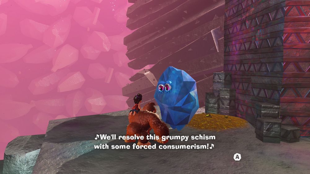 Donkey Kong talking to a merchant Fractone.