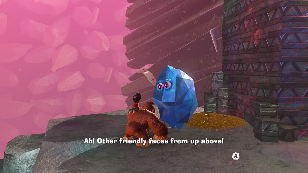 Donkey Kong talking to a merchant Fractone.