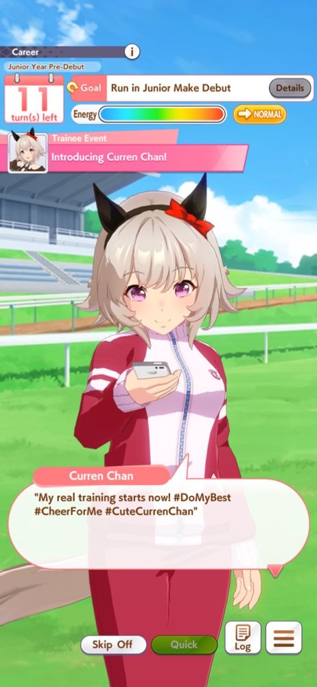 screenshot from uma musume pretty derby
character curren chan is typing on her phone with the dialogue reading:
“My real training starts now! #DoMyBest #CheerForMe #CuteCurrenChan”