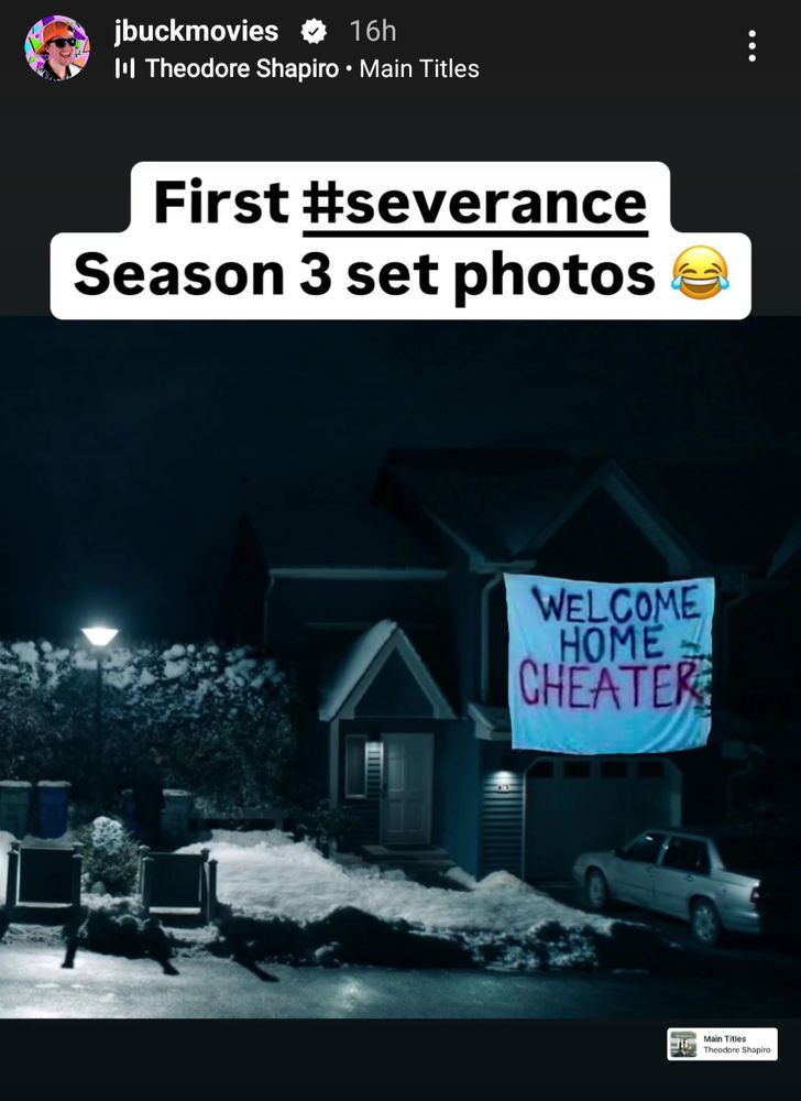 A picture of Mark's house from Severance with a photoshopped "Welcome Home Cheater" banner hanging outside it