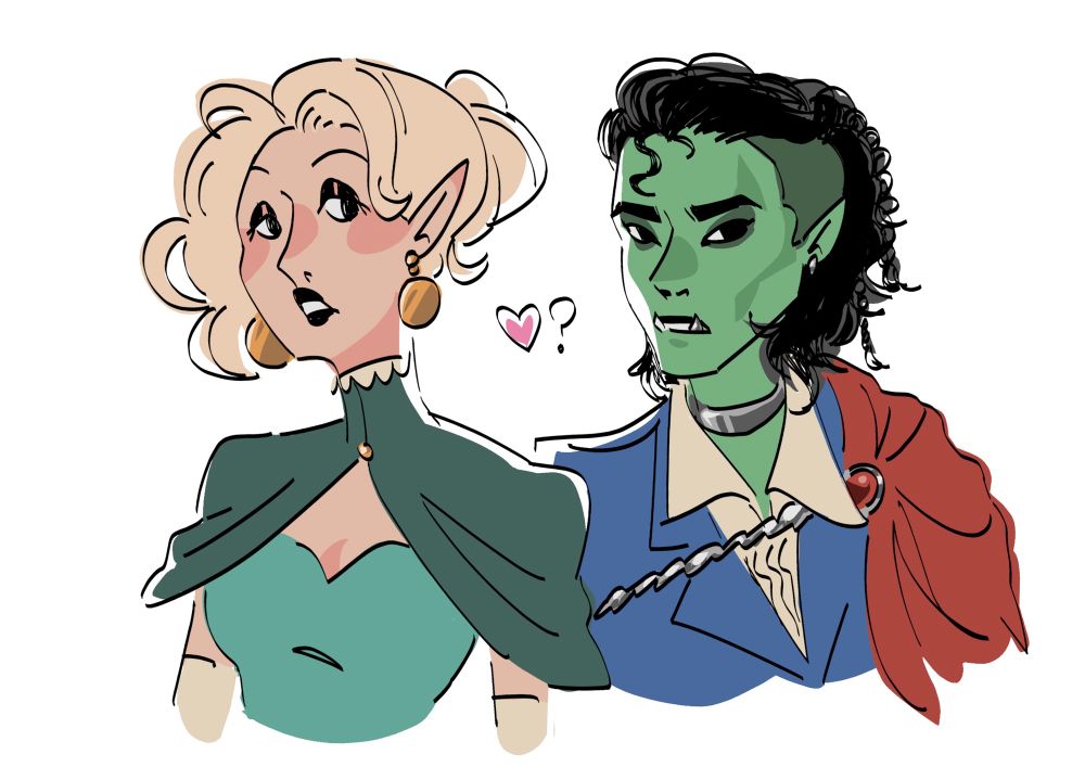 simple digital illustration of two fantasy characters, from the bust up, looking at each other. the left is a thin, blonde, pale elf woman with flushed cheeks and a loose updo. she has hooded eyes with makeup and looks haughty but curious. she wears a high collared cape, a sweetheart dress, tall gloves, and big gold earrings. the right is an orc person with androgynous features, a defined jaw, and smokey makeup. they have a side shave and their curly dark hair is braided in small braids down their mullet. they have silver jewelry and a silver tusk. they wear a ruffled blue suit and a red shoulder cape. they look stoic but interested. a heart with a question mark sits between them. 