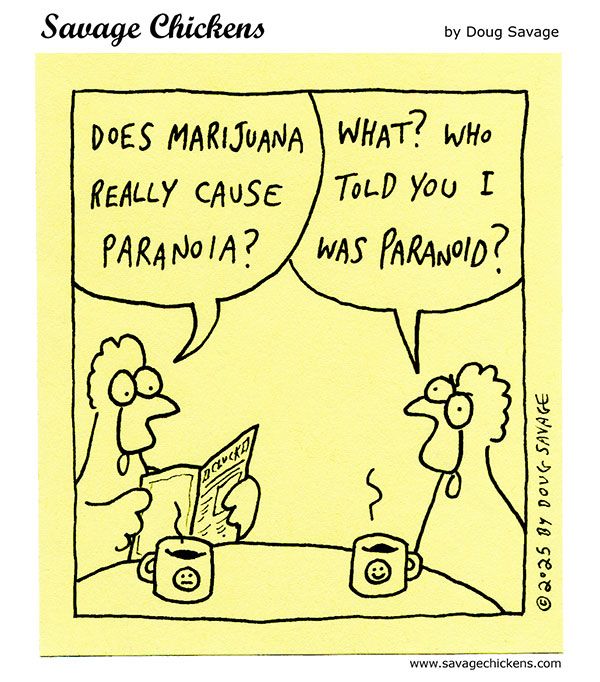Two chickens drinking coffee. The one reading the paper says "Does marijuana really cause paranoia?"
The other one says "What? Who told you I was paranoid?"