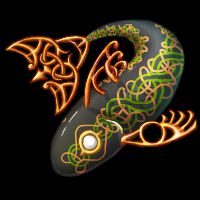 Image is of a black fish with gold and green Celtic knotwork