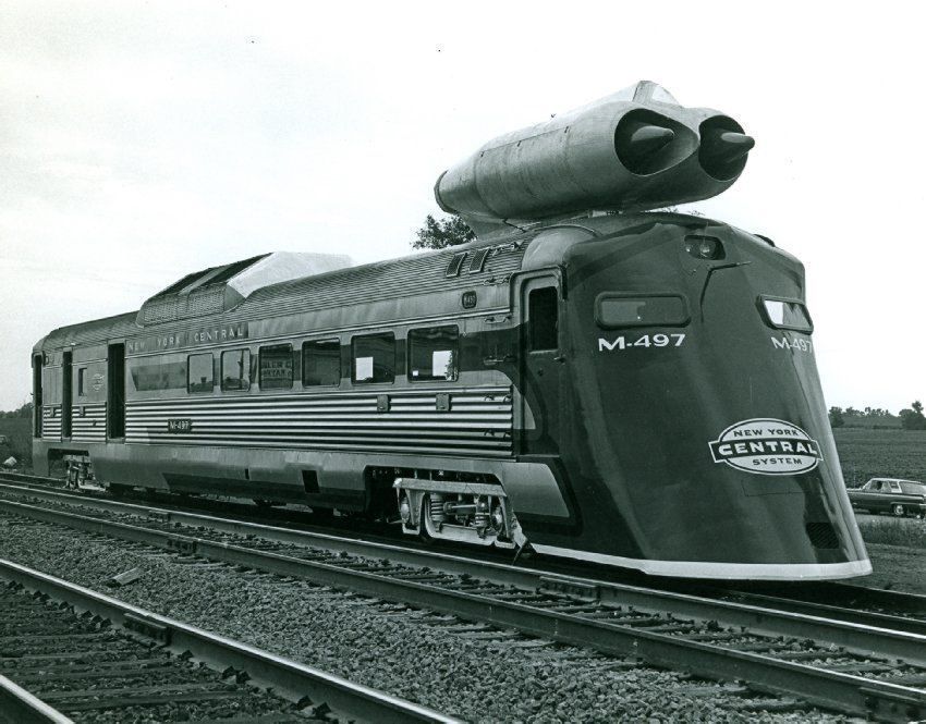 1966 of the experimental M-497 railcar. Nicknamed the “Black Beetle,” the M-497 broke the American train speed record. 