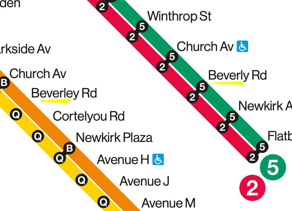 Yellow Q, orange B, Red 2, and Green 5 lines of the New York City subway in Brooklyn, New York.