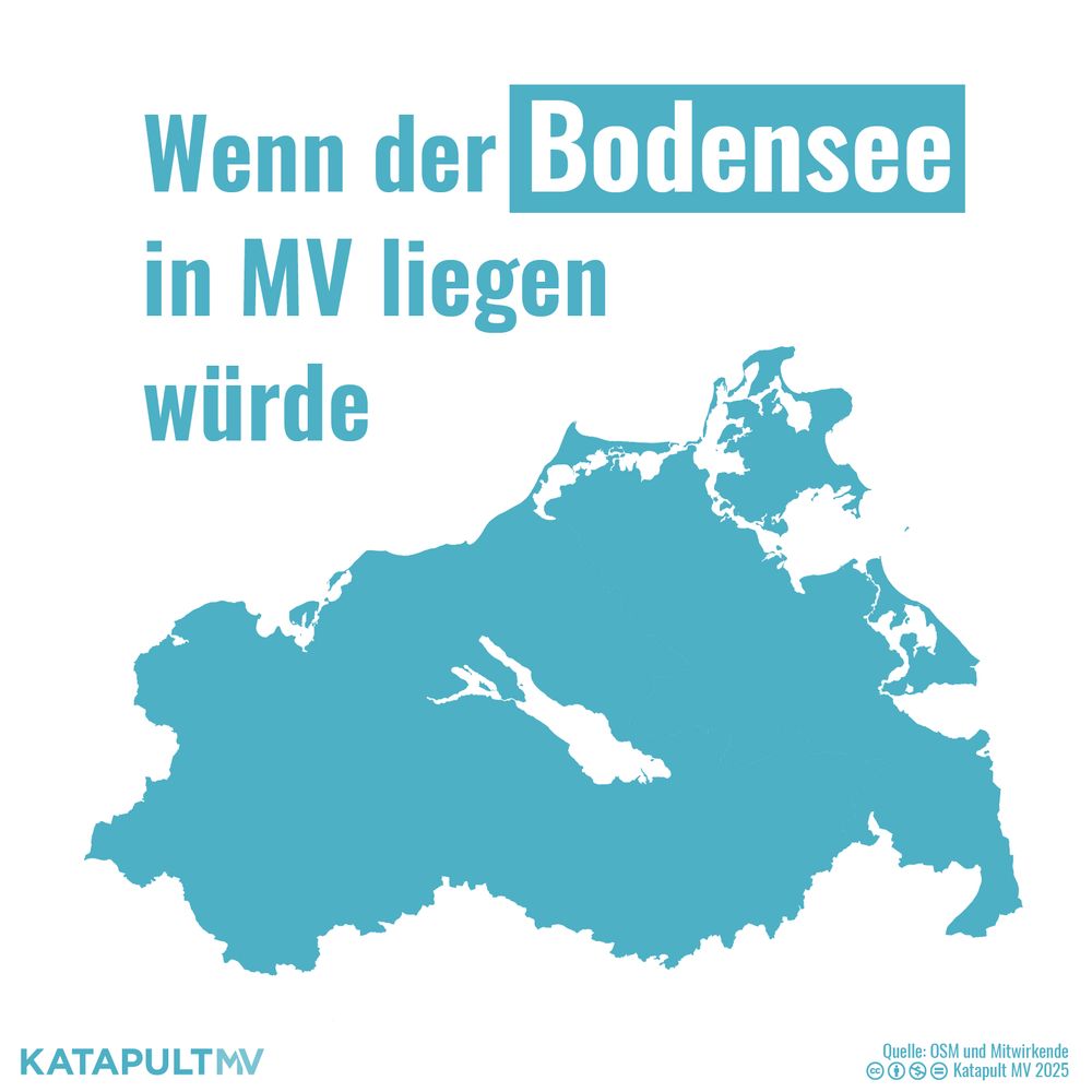 Die Karte zeigt den Umriss von MV und den Umriss vom Bodensee und wie viel Platz er auf der Fläche des Bundeslands einnehmen würde.