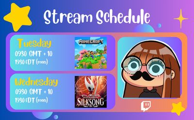 Jinxijojos upcoming stream schedule for the week.  Tuesday: playing Minecraft 0930 GMT +10 (1930 EDT), Wednesday: playing Silk Song 0930 GMT +10 (1930 EDT)