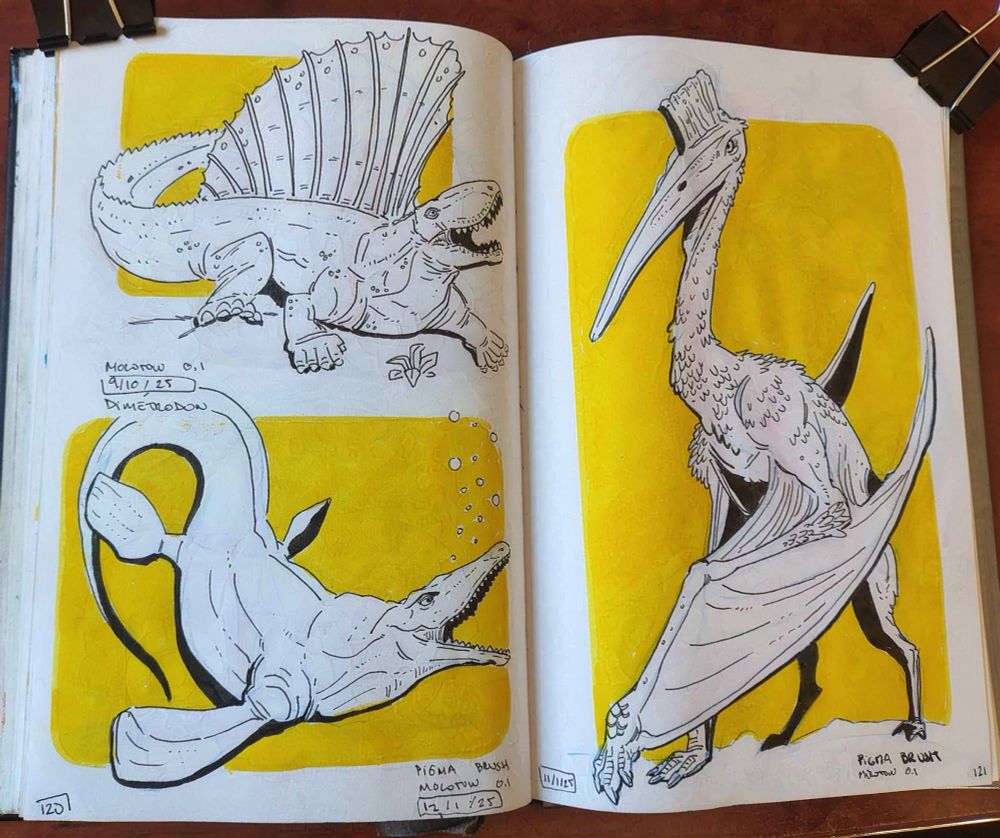 a photo of a sketchbook showing 3 ancient reptiles over yellow background