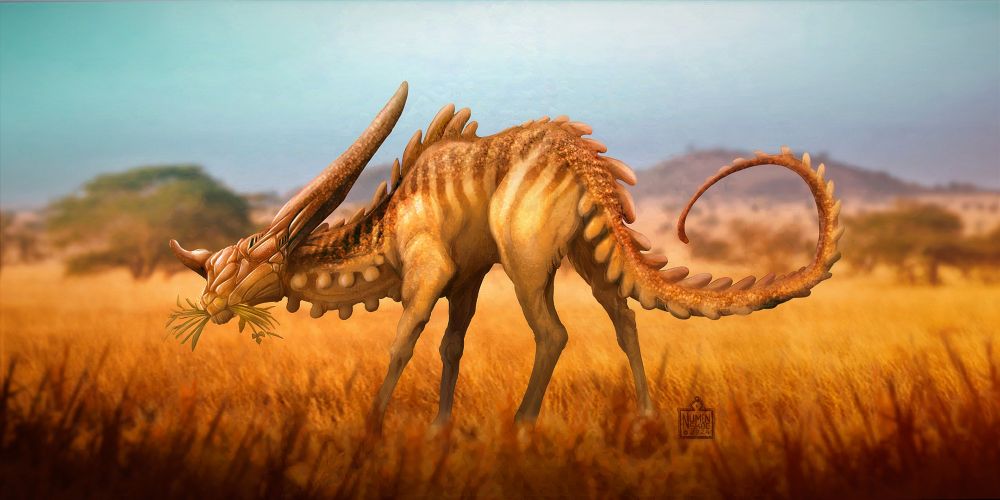 an illustration of an antelope-like alien grazing on a yellow praire