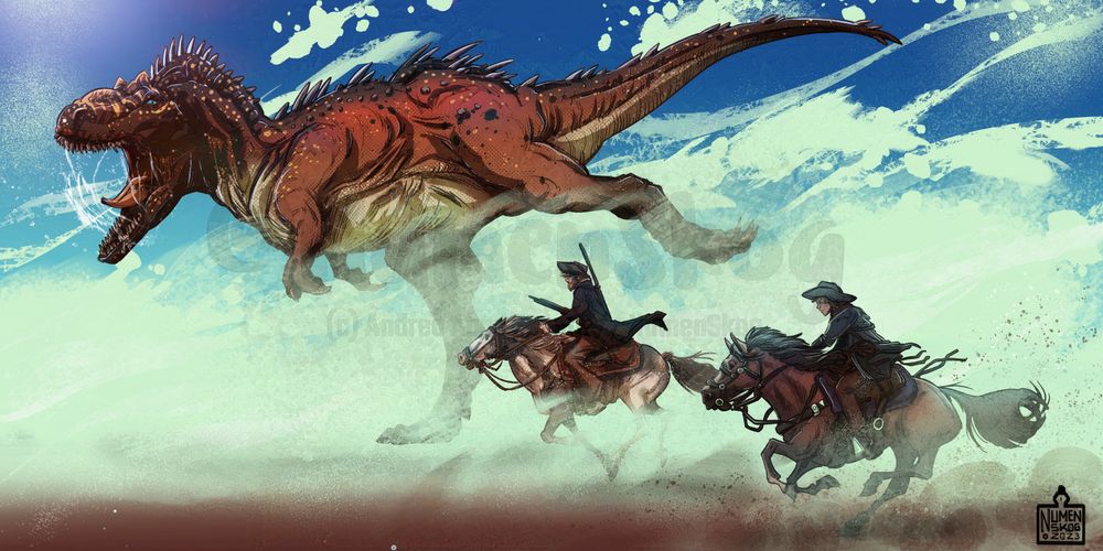 illustration of two cowboys chasing an allosaurus