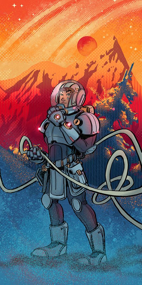 an illustration of a woman in a spacesuit walking in a snowy landscape, there is an asteroid ring and a moon in the alien sky behind her