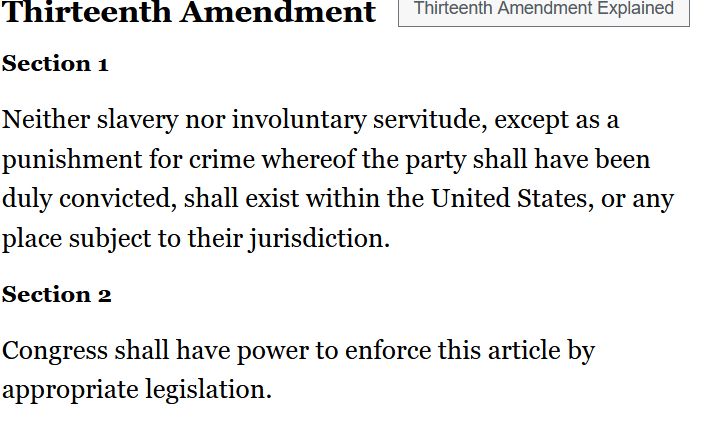 Thirteenth Amendment

Section 1

Neither slavery nor involuntary servitude, except as a punishment for crime whereof the party shall have been duly convicted, shall exist within the United States, or any place subject to their jurisdiction.

Section 2

Congress shall have power to enforce this article by appropriate legislation.