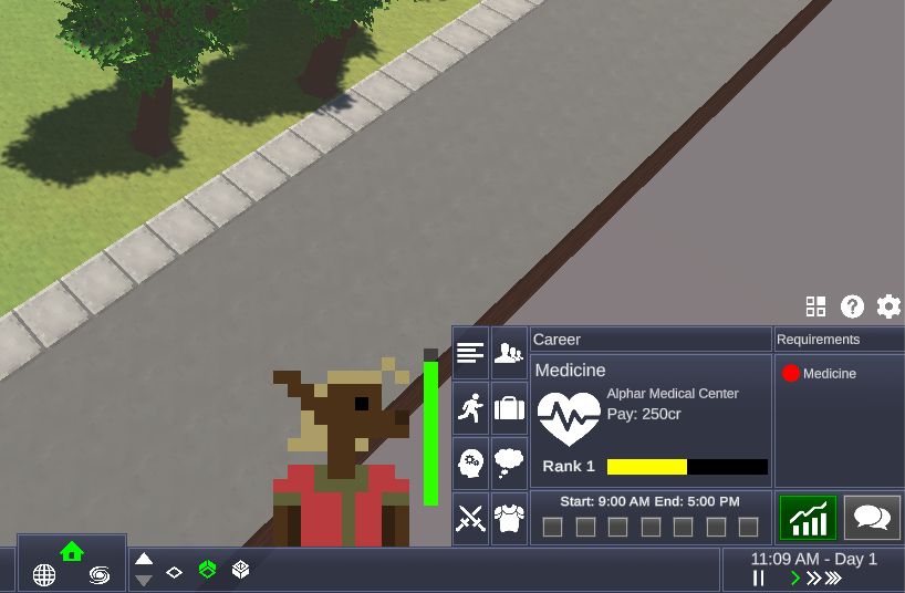 A highlight on the new Career window in Synthaar, that notably has a day of the week system, job icons, and the ability to change how you'll focus on your daily work. 