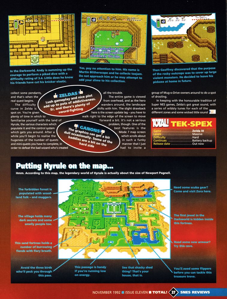 Review for The Legend of Zelda: A Link to the Past on Super Nintendo.
Taken from Total! 11 - November 1992 (UK)

score: 93%