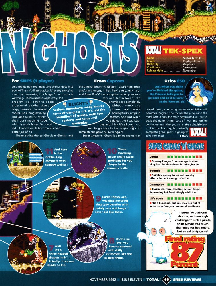 Review for Super Ghouls 'N' Ghosts on Super Nintendo.
Taken from Total! 11 - November 1992 (UK)

score: 87%