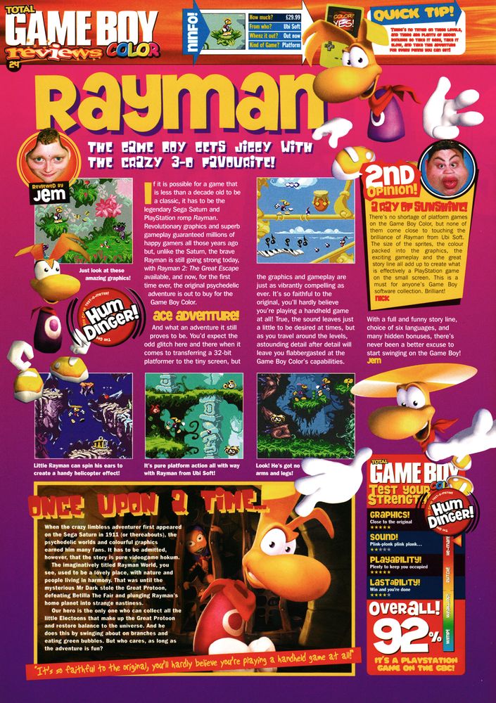 Review for Rayman on Game Boy Color.
Taken from Total Game Boy 7 (Color) - February 2000 (UK)

score: 92%
