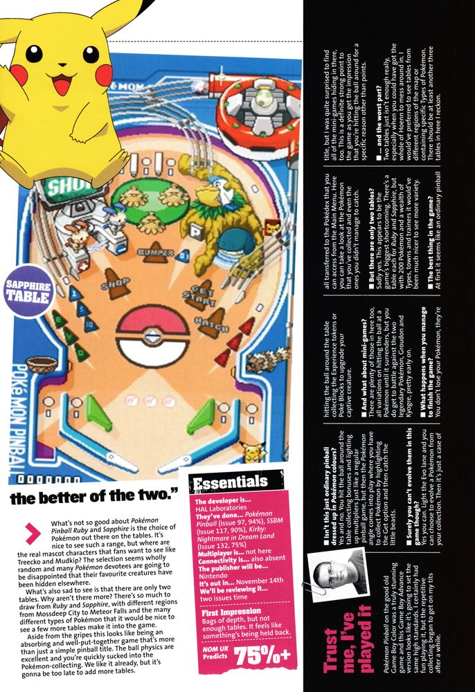 Preview for Pokémon Pinball Ruby & Sapphire on Game Boy Advance.
Taken from Nintendo Official Magazine 133 - October 2003 (UK)
