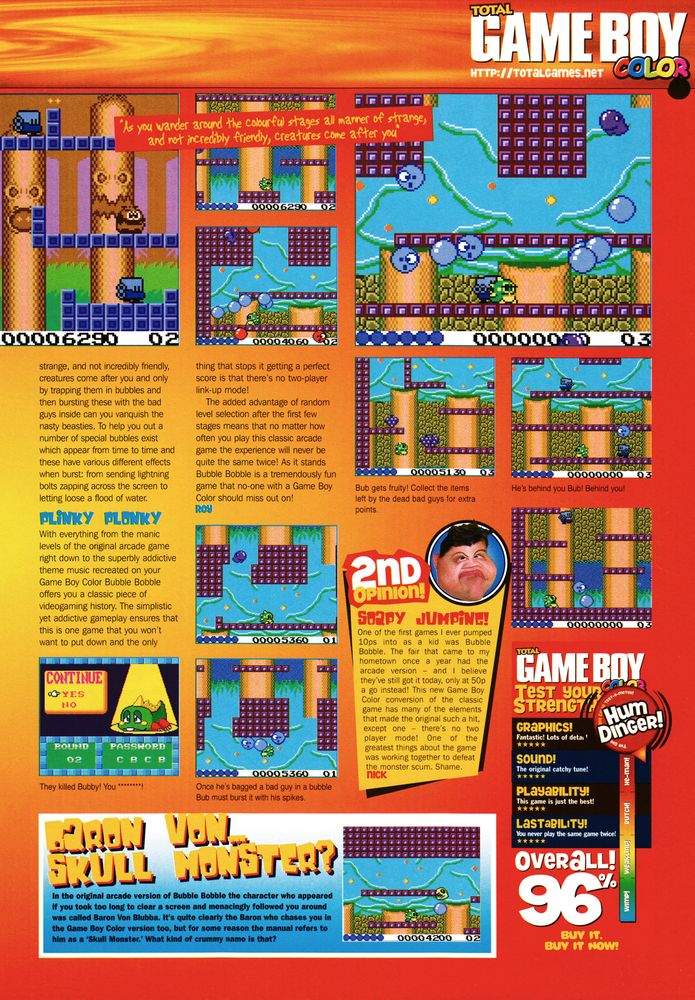 Review for Bubble Bobble Classic on Game Boy Color.
Taken from Total Game Boy 8 (Color) - April 2000 (UK)

score: 96%