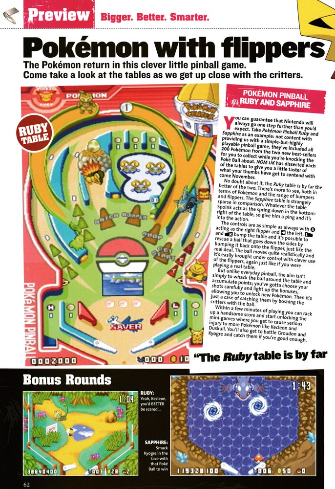 Preview for Pokémon Pinball Ruby & Sapphire on Game Boy Advance.
Taken from Nintendo Official Magazine 133 - October 2003 (UK)

