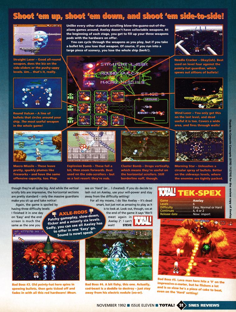 Review for Axelay on Super Nintendo.
Taken from Total! 11 - November 1992 (UK)

score: 81%