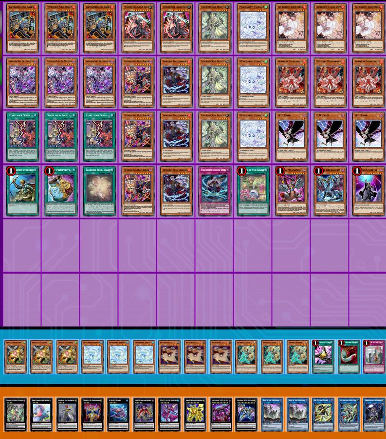 Decklist of my VS deck.
Main Deck: 3 Razen, 3 Mad Love, 3 Stake your Soul, 1 Reinforcement, 1 Prosperity, 1 VS Start, 2 Caesar, 3 Borger, 3 Jiaolong, 3 Holy Sue, 1 Snow Devil, 3 Fuwalos, 3 Ash Blossom, 3 Kurikara, 3 Crow, 1 Magnamhut, 1 Druiswurm, 1 Shifter, 1 Called By

Side Deck:
3 Droll, 3 Purulia, 3 Retaliating C, 3 Lancea, 1 Talent, 1 Duster, 1 TCBOO

Extra Deck:
Vanquish Soul Rocks, Bagooska, Exciton Knight, Nash Knight, Number 104, Number C104, CXYZs Nash Knight, Number 107, Ty-Phon, Zeus, 2 Rock of the Vanquisher, S:P, BLS, Underworld Goddess