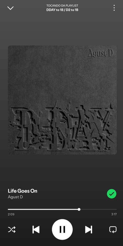 Print screen of a Spotify player. The song on display is Life Goes On by Agust D, from the album D-DAY.