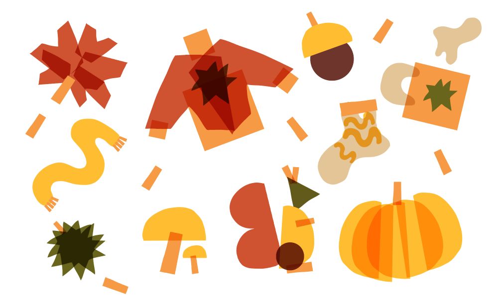 A selection of autumnal objects made out of shapes without any lineart