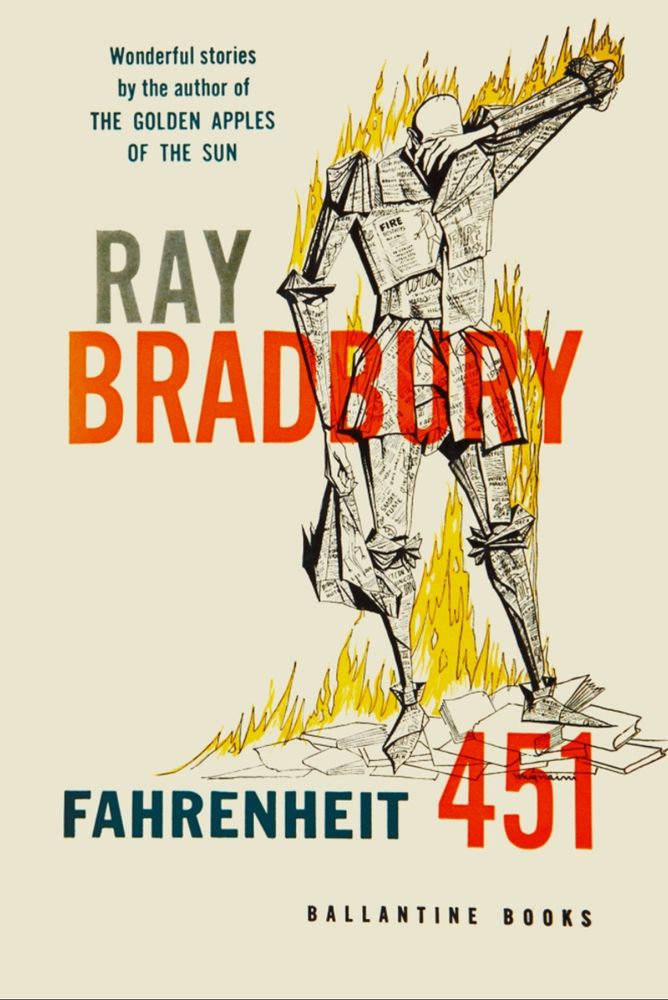 Fahrenheit 451 by Ray Bradbury cover. A man made of books burning 