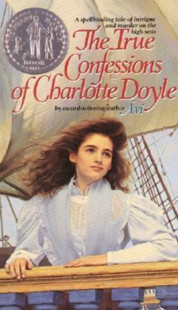 The True Confessions of Charlotte Doyle by Avi book cover. A brown haired girl in a blue dress on a ship.