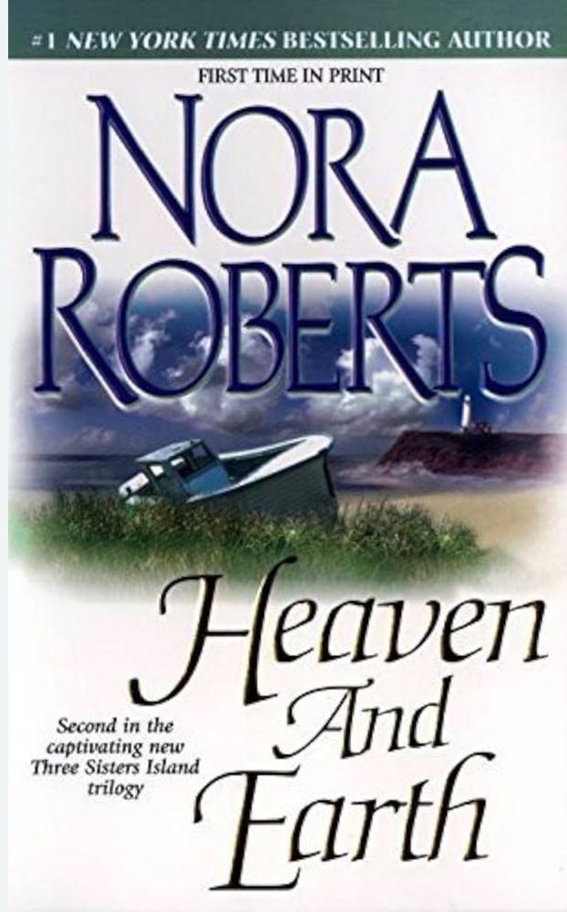 Heaven and Earth by Nora Roberts book cover. A sailboat on the beach with a lighthouse on a cliff in the background. 