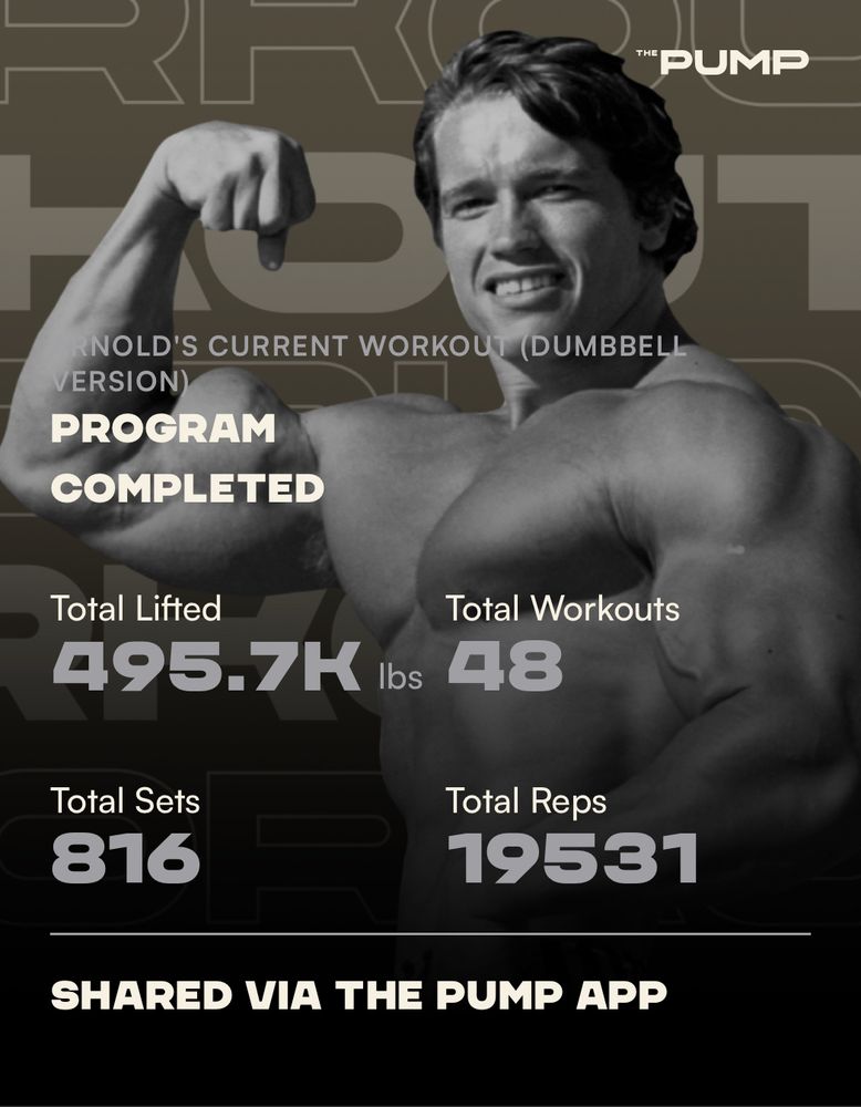 A screenshot from The Pump app with a black and white picture of Arnold Schwarzenegger from his body building days.
Arnold’s Current Workout (Dumbbell version).
Total lifted: 495.7k lbs
Total Workouts: 48
Total sets: 816
Total reps: 19531.