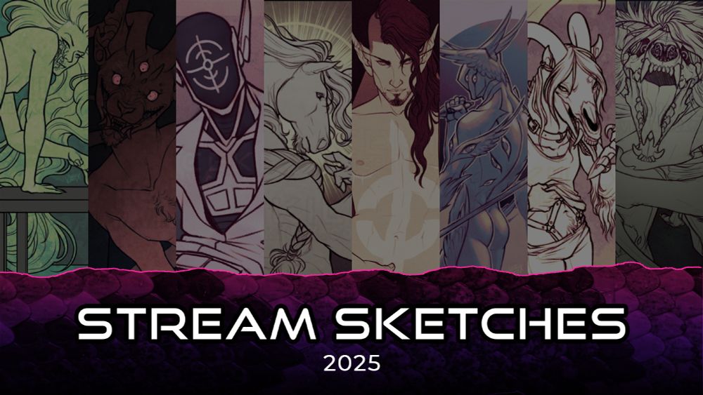 Collage of past stream sketches. cropped into vertical bars. Text reads "Stream sketches: 2025"