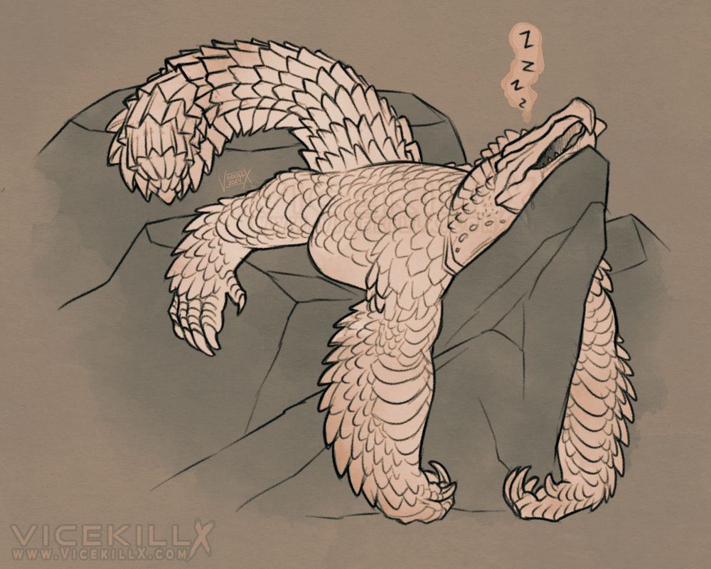 Art of the same scaly monster ragdolled and sprawled out across some rocks for a nap. he's very cute give him kisses